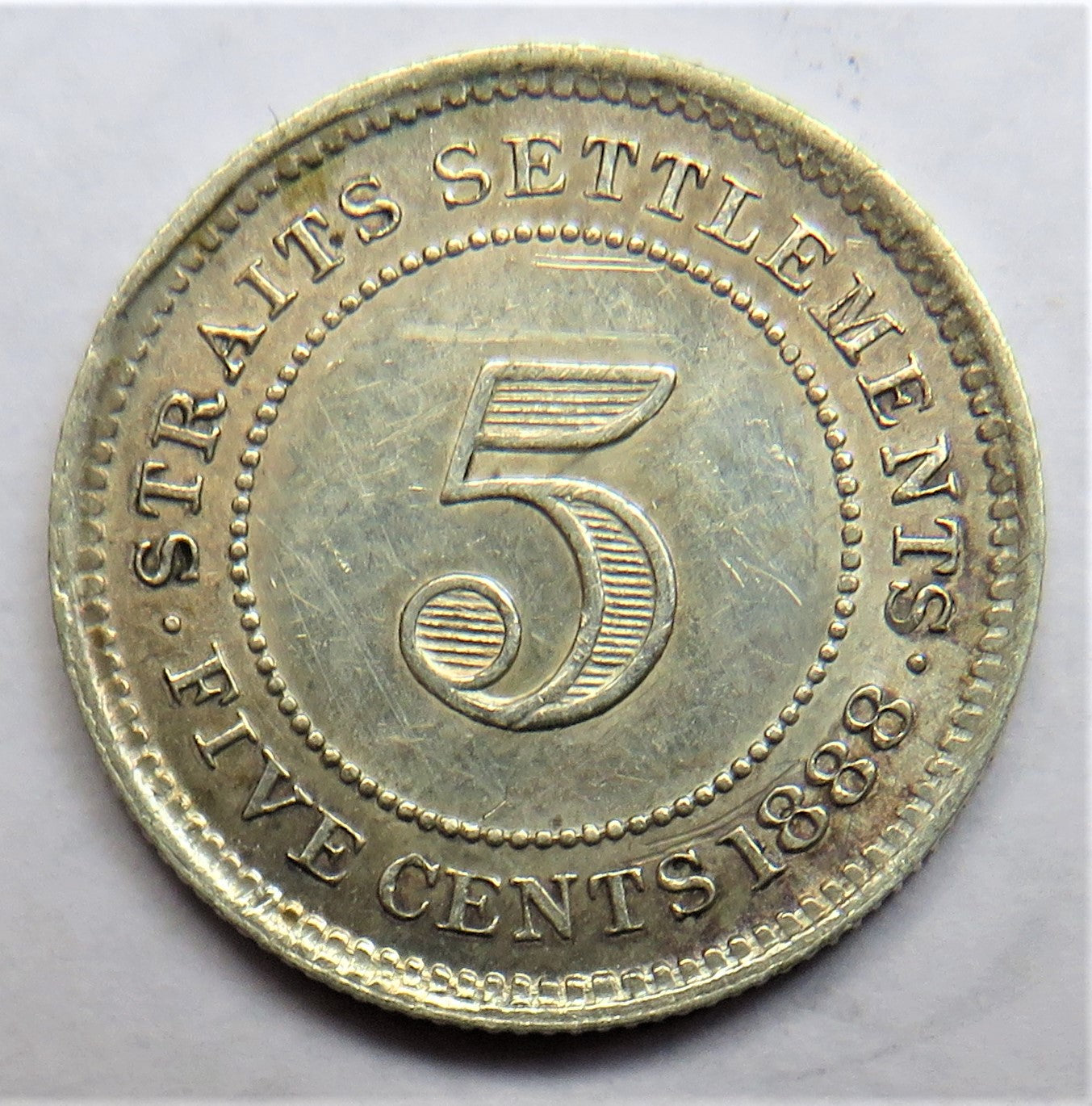 1888 Queen Victoria Straits Settlements Silver 5 Cents Coin In High Grade
