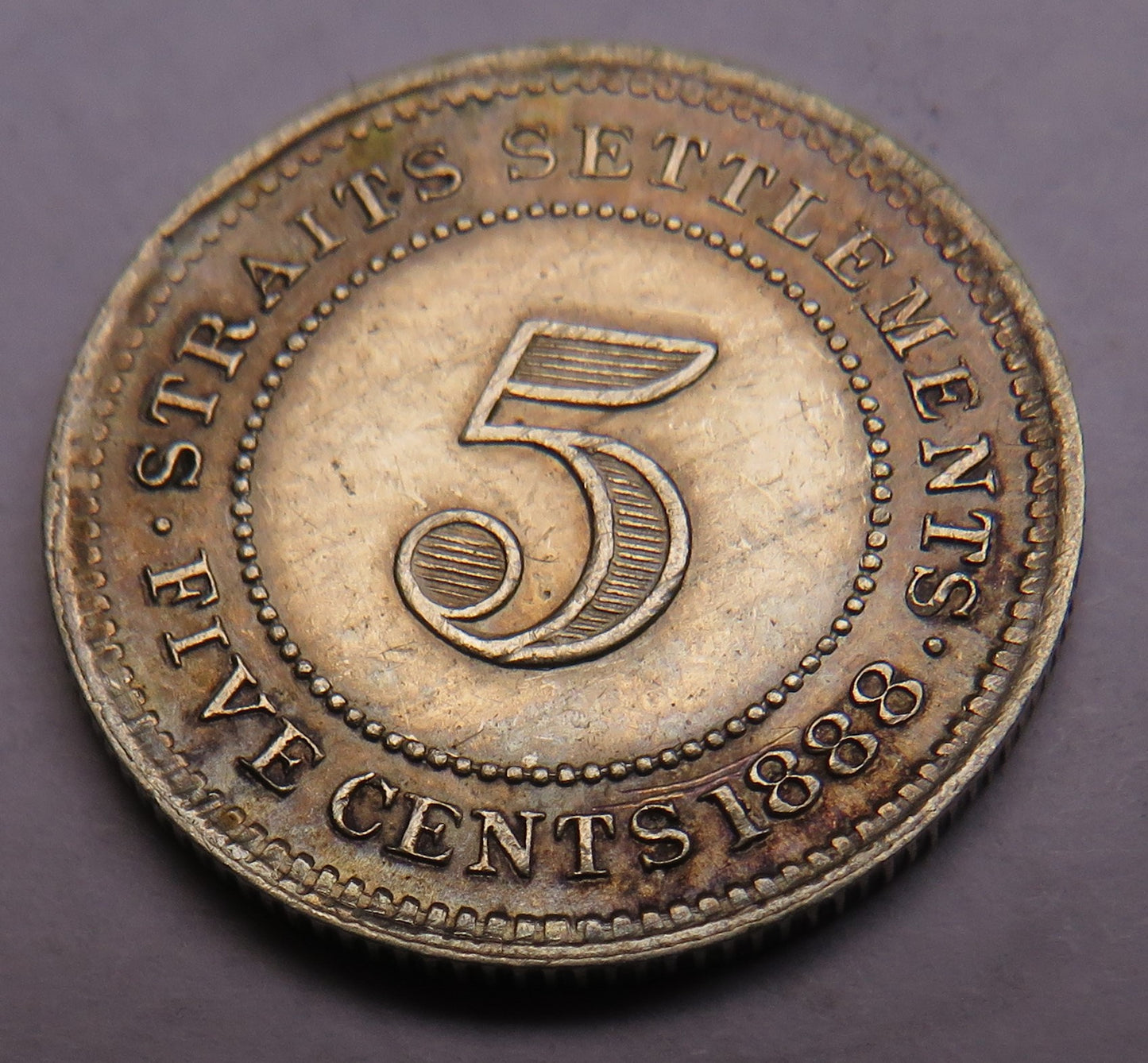 1888 Queen Victoria Straits Settlements Silver 5 Cents Coin In High Grade