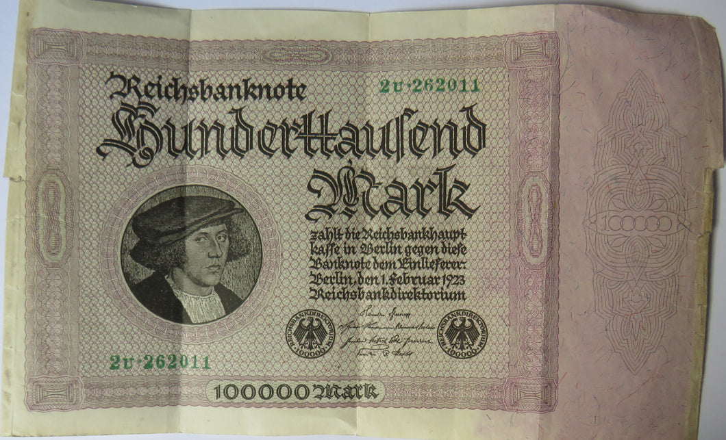 1923 Germany 100,000 Mark Banknote