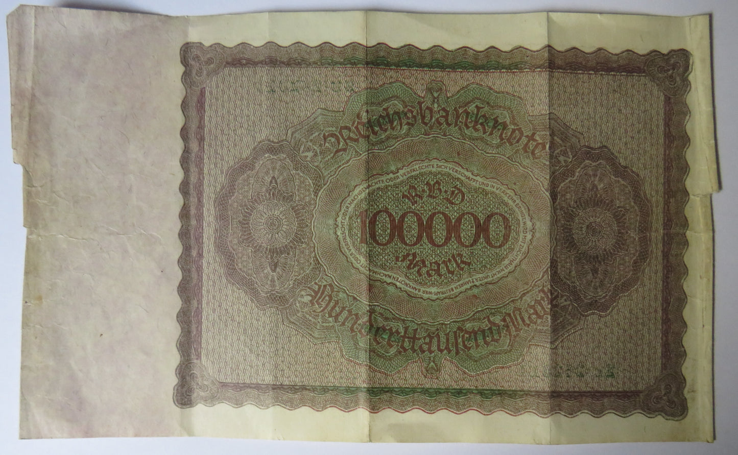 1923 Germany 100,000 Mark Banknote