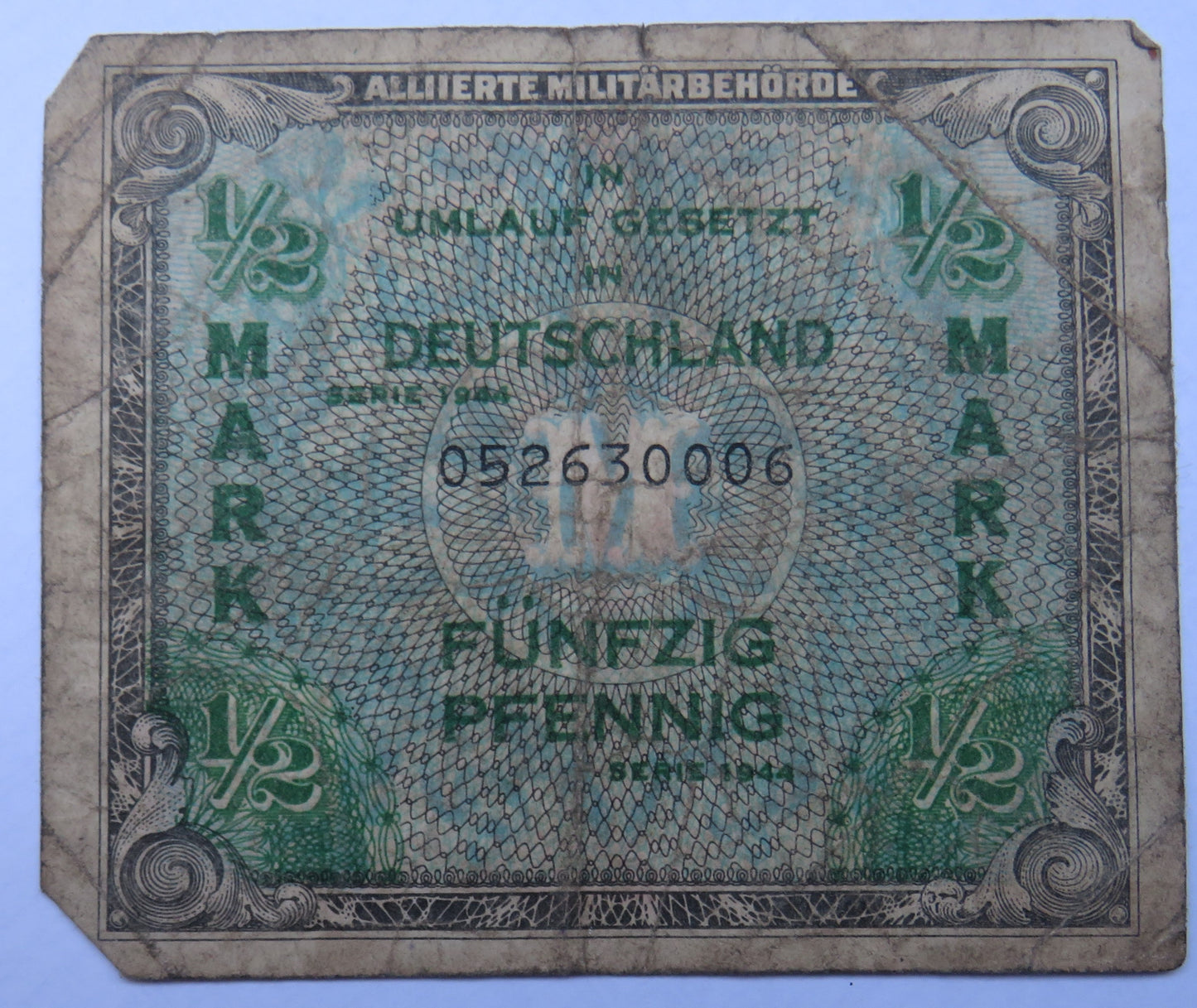 1944 Germany 1/2 Mark Banknote