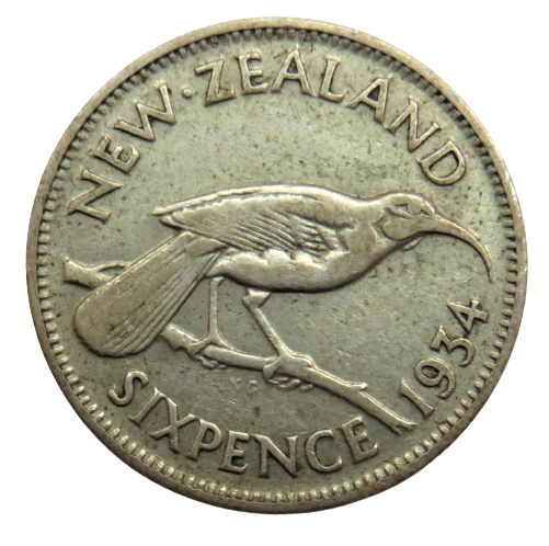 1934 King George V New Zealand Silver Sixpence Coin