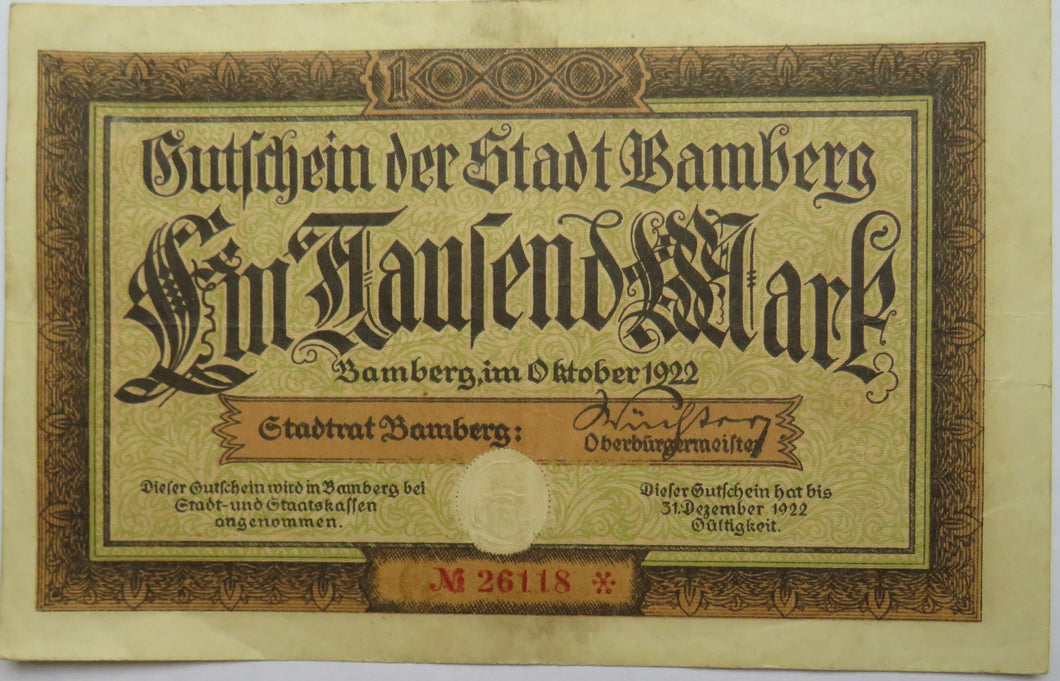 1922 Germany Stadt Bamberg 1000 Mark Banknote