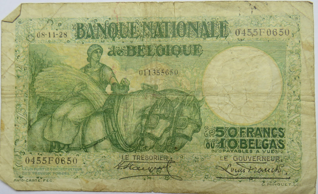 1928 Belgium 50 Frank / 10 Belgas Banknote Scarce