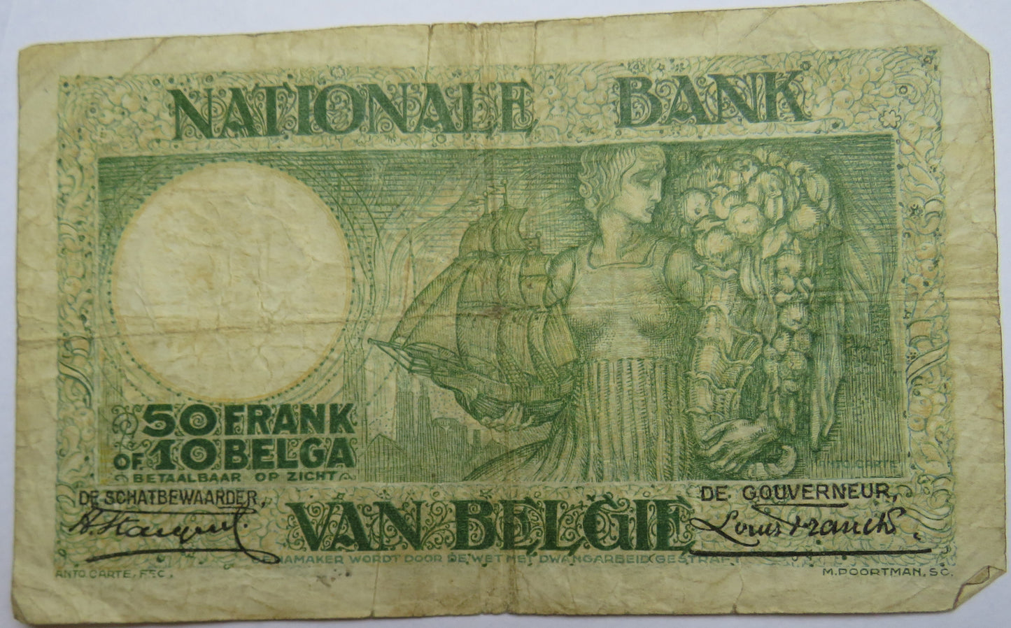 1928 Belgium 50 Frank / 10 Belgas Banknote Scarce