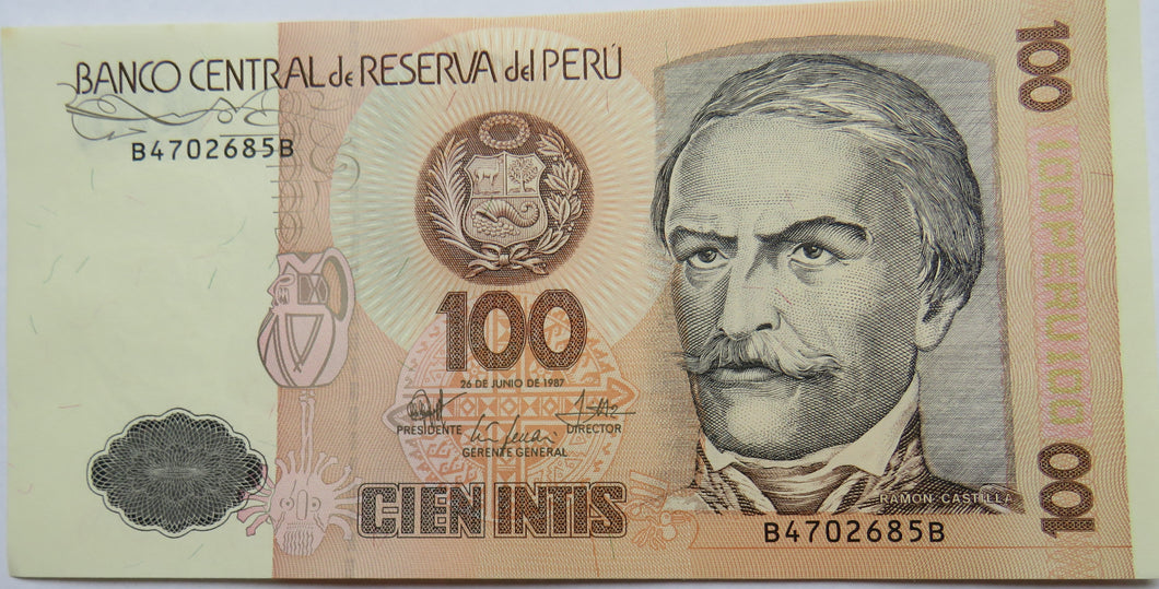 1987 Peru 100 Intis Banknote