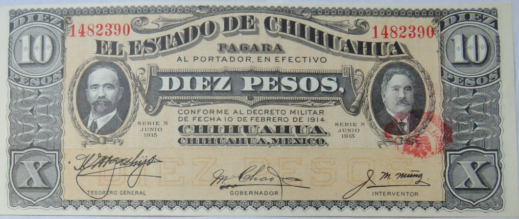 1915 Mexico El Estado De Chihuahua 10 Pesos Banknote