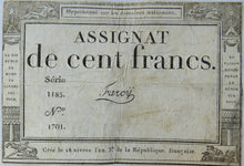 Load image into Gallery viewer, 18thC France Assignat De Cent Francs Banknote
