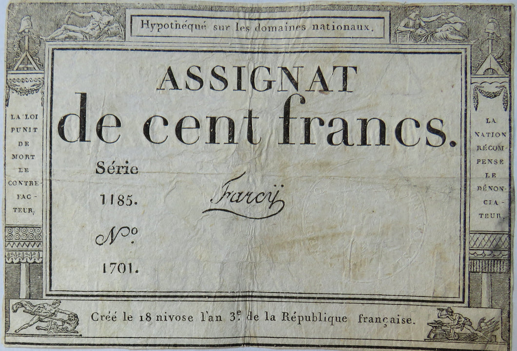 18thC France Assignat De Cent Francs Banknote