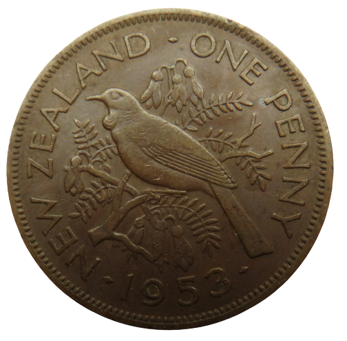 1953 Queen Elizabeth II New Zealand One Penny Coin