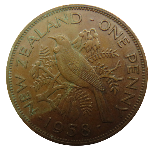 1958 Queen Elizabeth II New Zealand One Penny Coin