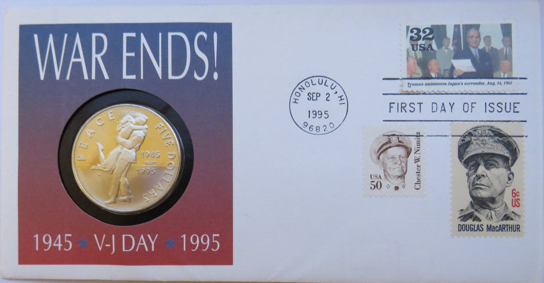 1945-1995 War Ends Marshall Islands $5 Five Dollars Stamp & Coin Cover