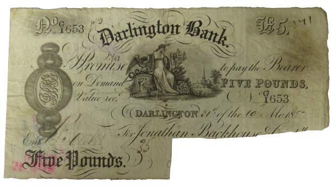 1887 Darlington Bank £5 Banknote