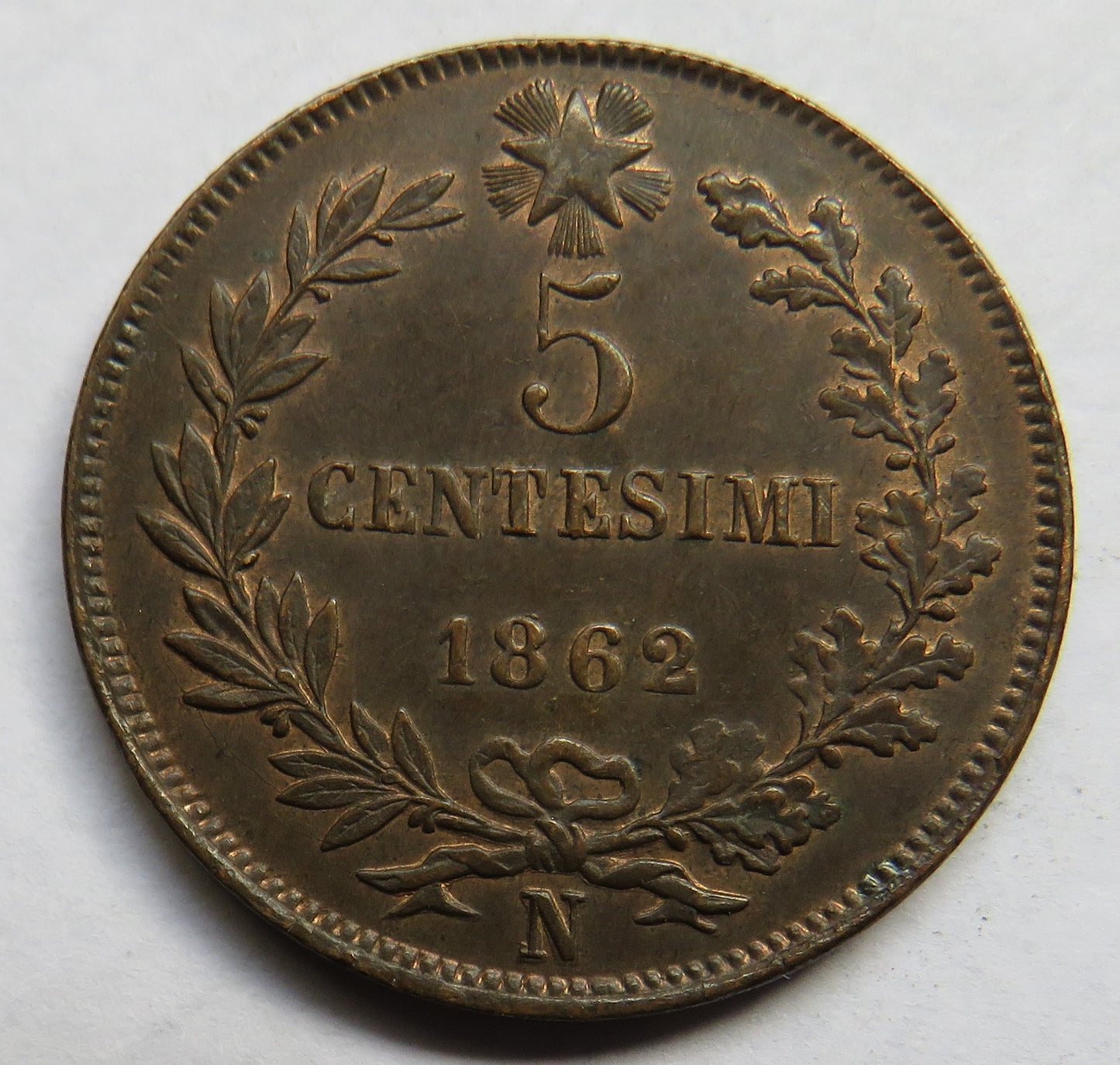 1862-N Italy 5 Centesimi Coin In High Grade