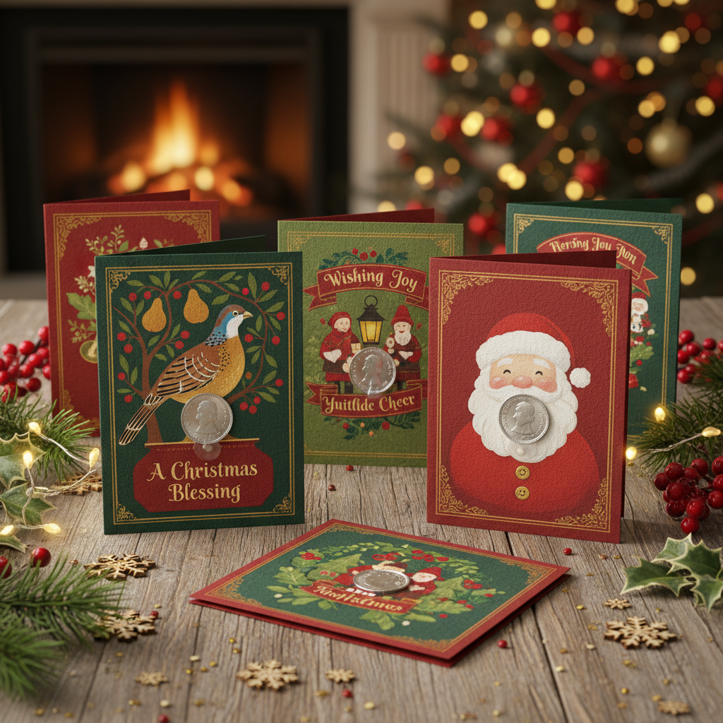 Festive Christmas greetings cards, each with a sixpence coin attached, displayed on a wooden surface with holly, berries, and a cozy fireplace and Christmas tree in the background.