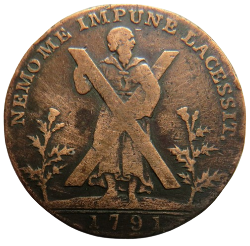 A circular bronze-colored medallion or coin-like emblem with a raised figure holding crossed boards, surrounded by the text 'NEMO ME IMPUNE LACESSIT' and the year '1791' at the bottom, shown on a plain white background.