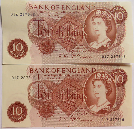 2 Consecutive Bank of England 10 Shillings Banknote 01Z