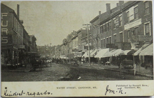 Old Postcard of Water Street, Gardiner ME 1906 -  Ref : 1013