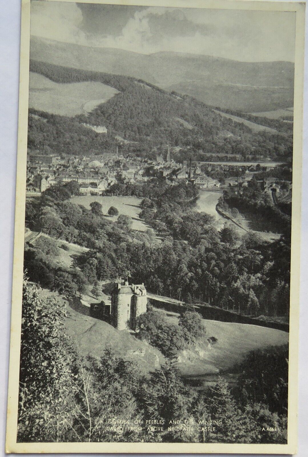 Old Postcard of A Glimpse of Peebles & The Winding Tweed Above Neidpath Castle