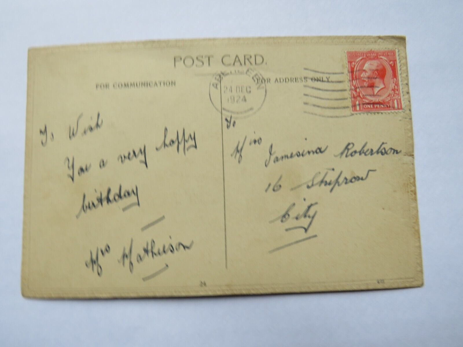 Old Birthday Postcard 1924 "Birthday Pleasures Be Thine"