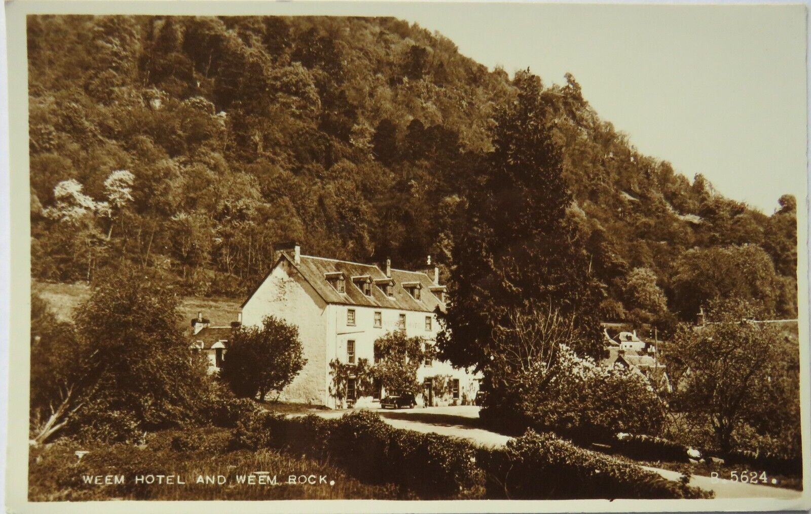 Old Postcard of Weem Hotel and Weem Rock