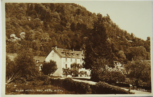 Old Postcard of Weem Hotel and Weem Rock