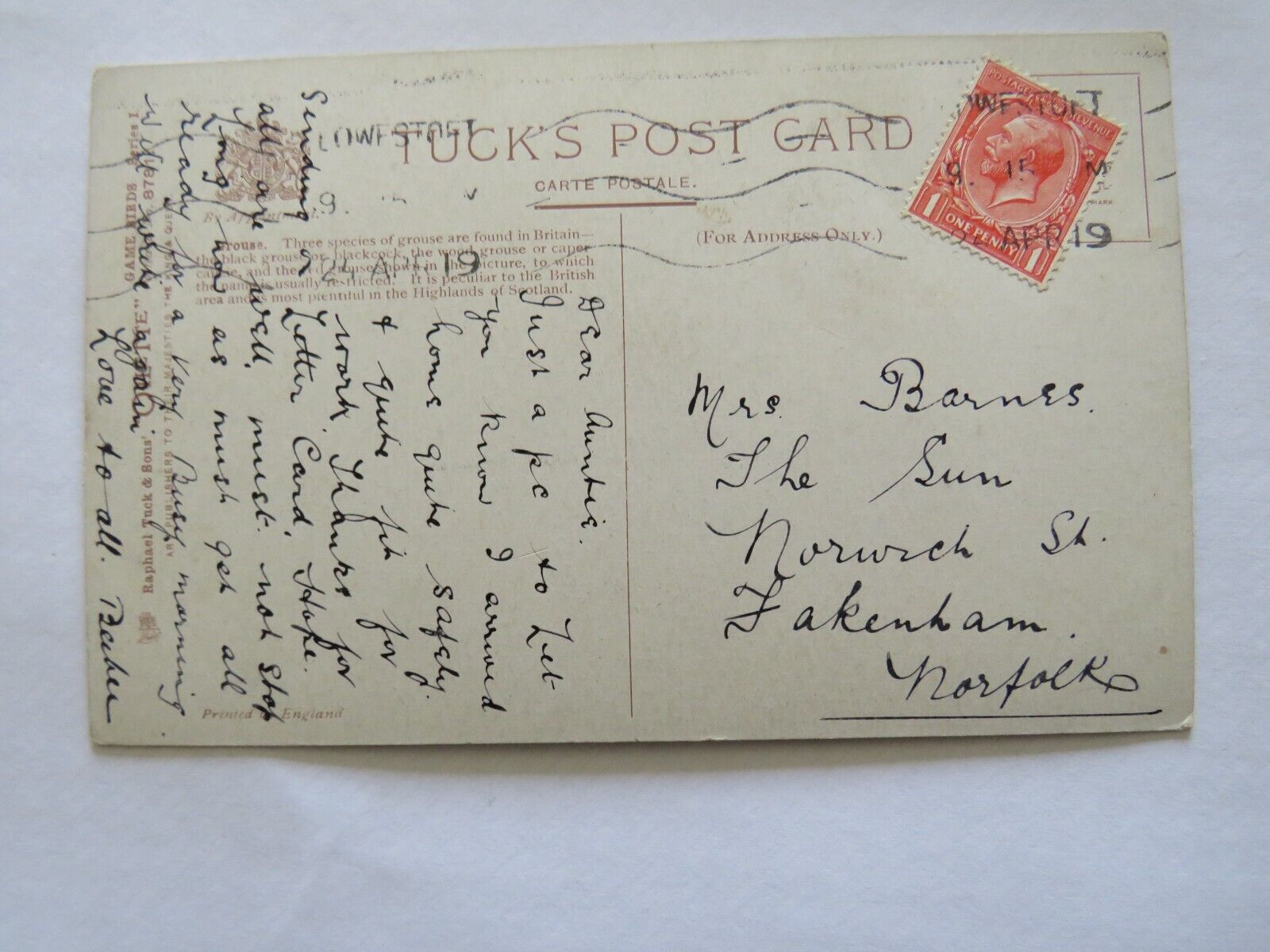 Old Postcard of Grouse, 1919 - Ref : 1008