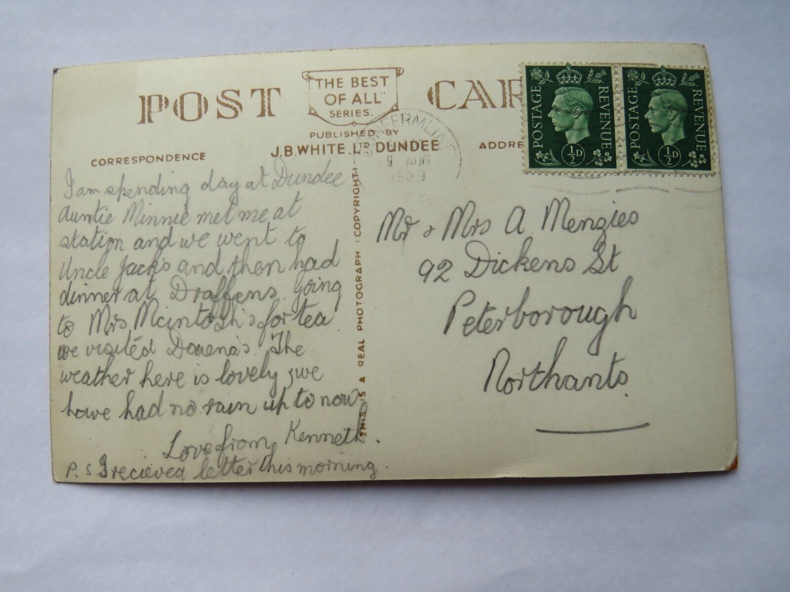 Old Postcard of Glamis Castle.  The Former Home of our Queen, 1939