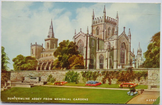 Old Postcard of Dunfermline Abbey from Memorial Gardens, 1964