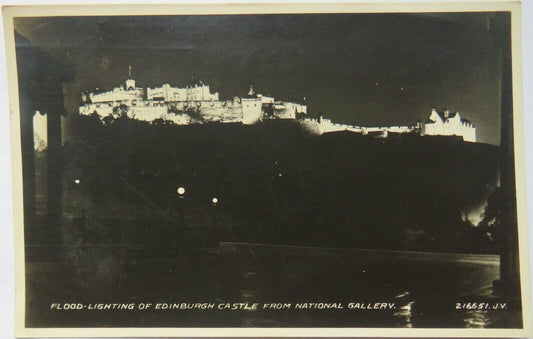 Old Postcard of Flood-Lighting of Edinburgh Castle From National Gallery, 1938