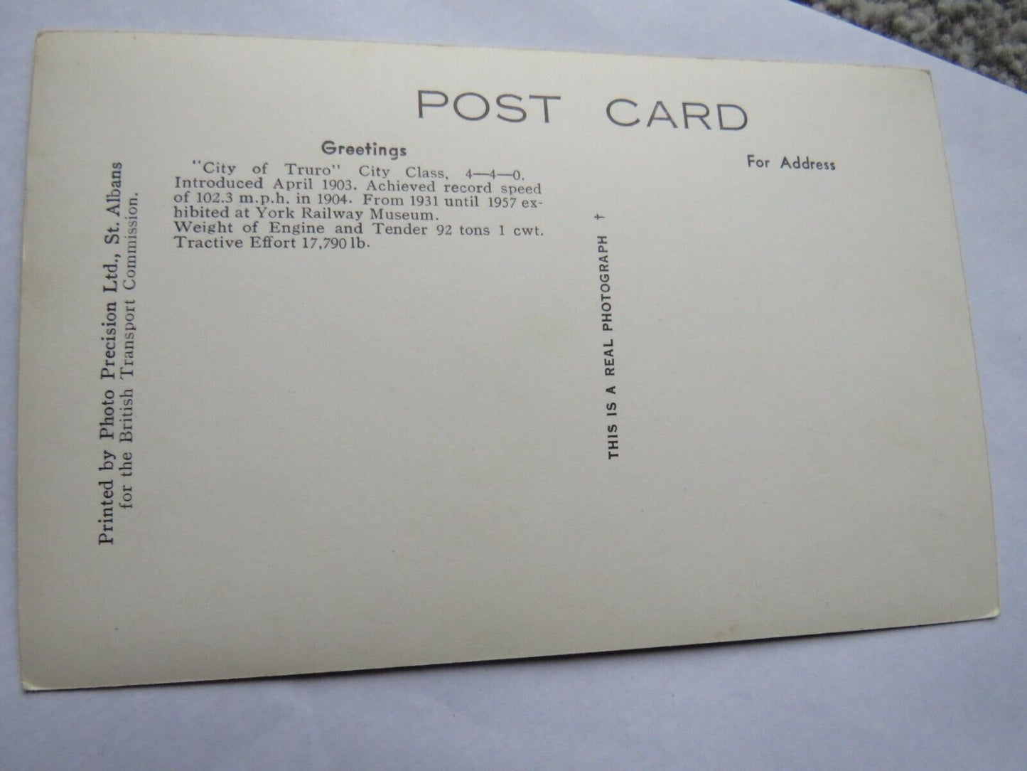 Old Postcard of Greetings "City of Truro" City Class 4-4-0 Locomotive
