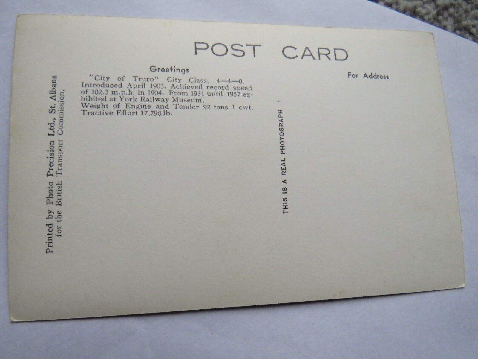 Old Postcard of Greetings "City of Truro" City Class 4-4-0 Locomotive