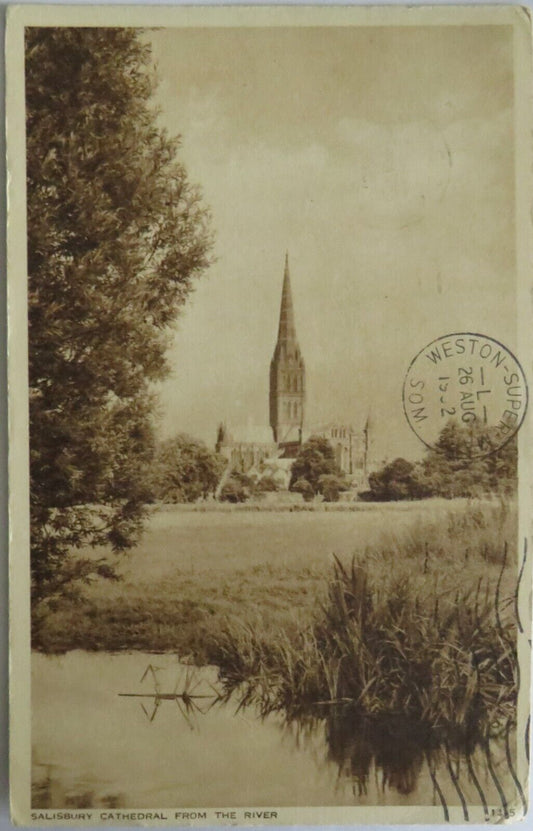 Old Postcard of Salisbury Cathedral From The River 1952 - Ref : 1042