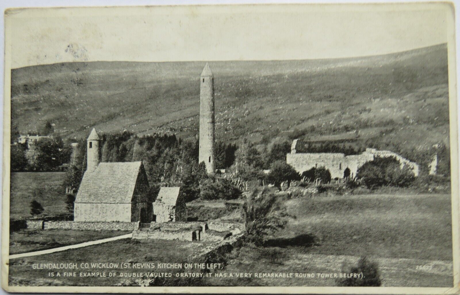 Old Postcard of Glendalough Co. Wicklow (St. Kevin's Kitchen on the Left)