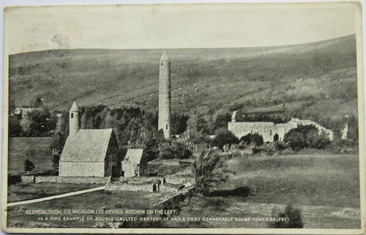 Old Postcard of Glendalough Co. Wicklow (St. Kevin's Kitchen on the Left)