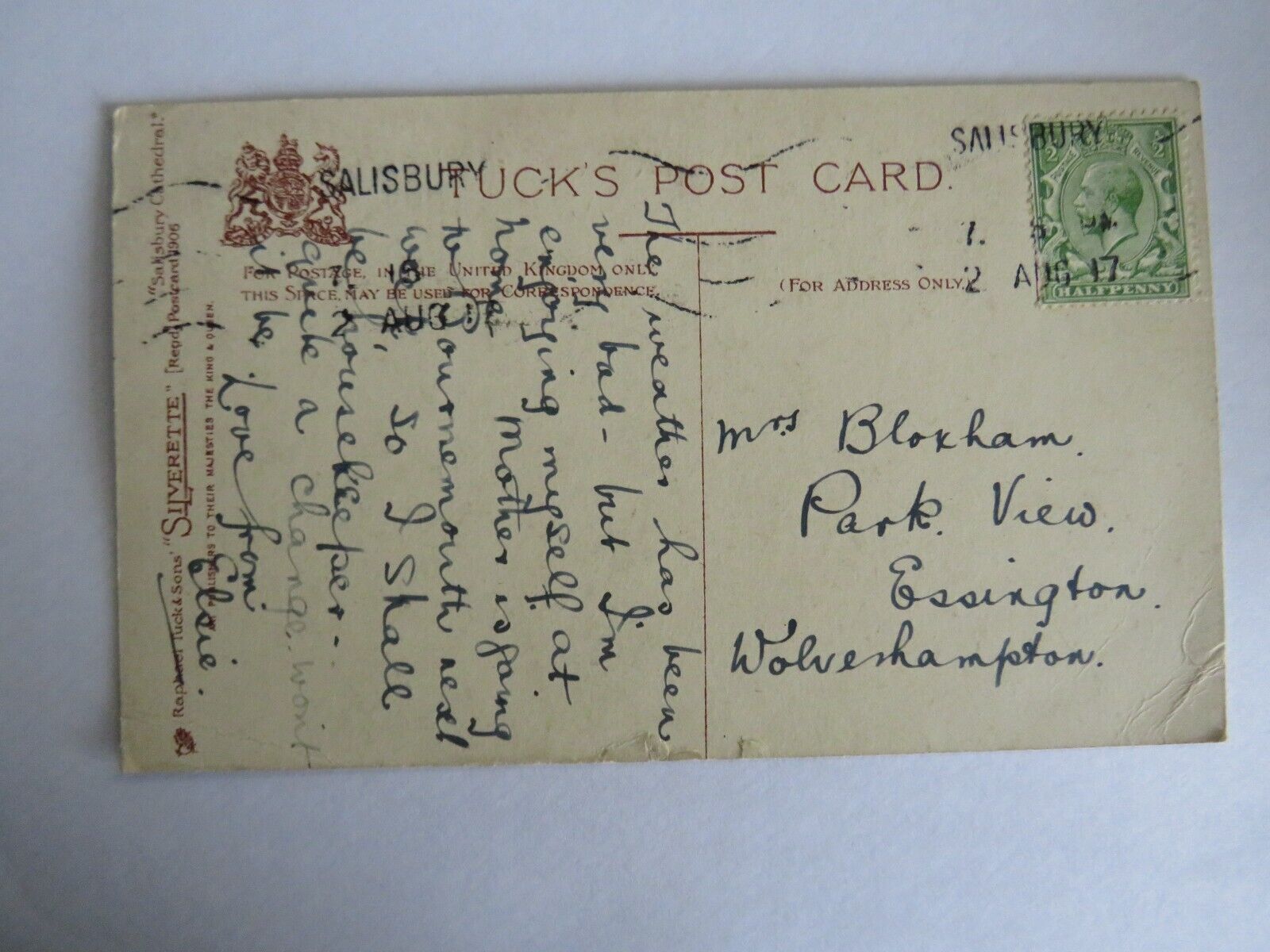 Old Postcard of Salisbury Cathedral 1917 - Ref : 1042