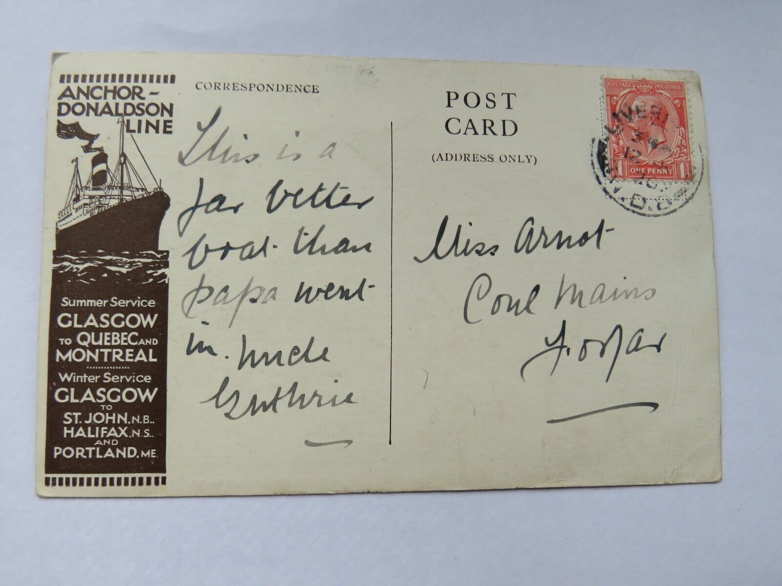 Old Postcard of Anchor-Donaldson Line Turbine Twin-Screw Steamship "Letitia"1926