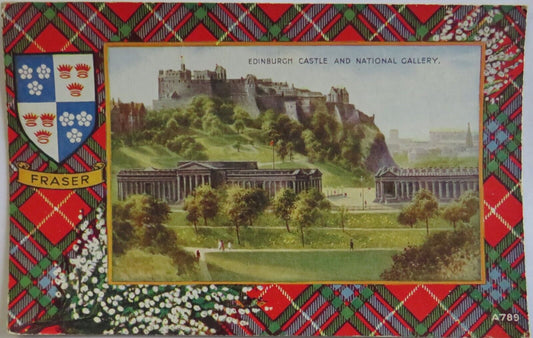 Old Antique Tartan Postcard of Edinburgh Castle and National Gallery- Ref : 1039