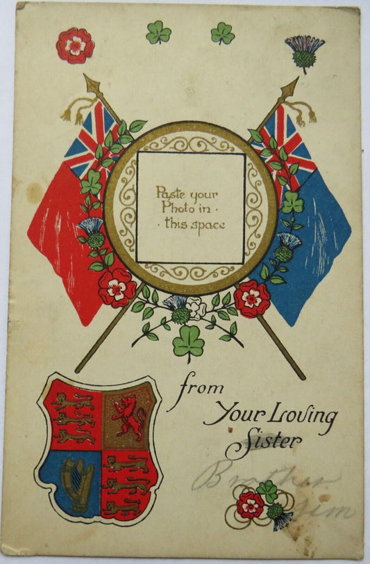 Old Postcard "From Your Loving Sister" Coat of Arms , Flags
