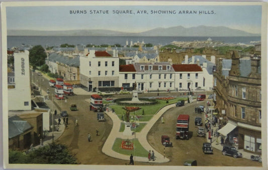 Old Postcard of Burns Statue Square, Ayr , Showing Arran Hills - Ref : 1017