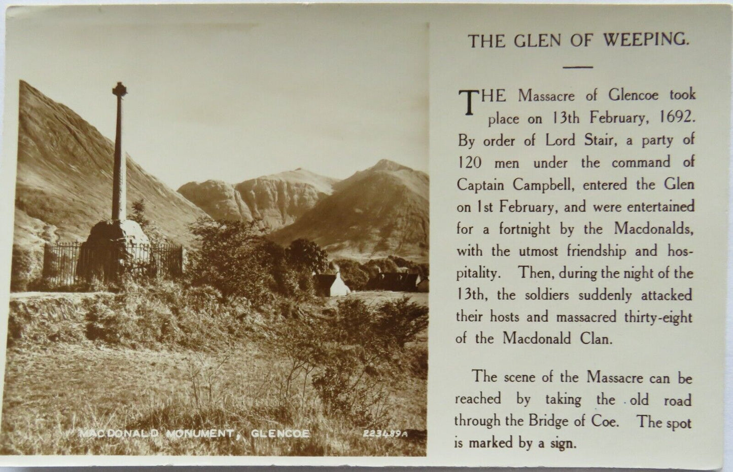 Old Postcard of The MacDonald Monument, Glencoe - Ref : 1009