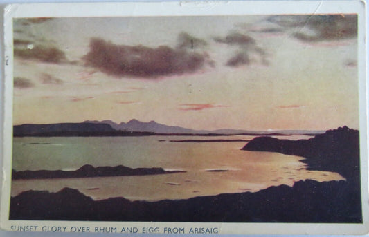 Old Postcard of Sunset Glory Over Rhum and Eigg From Arisaig - Ref : 1027