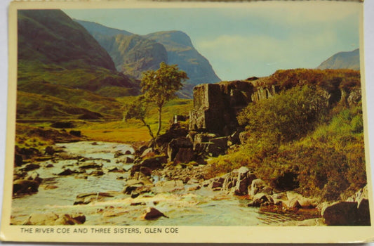 Old Postcard of The River Coe and Three Sisters, Glen Coe