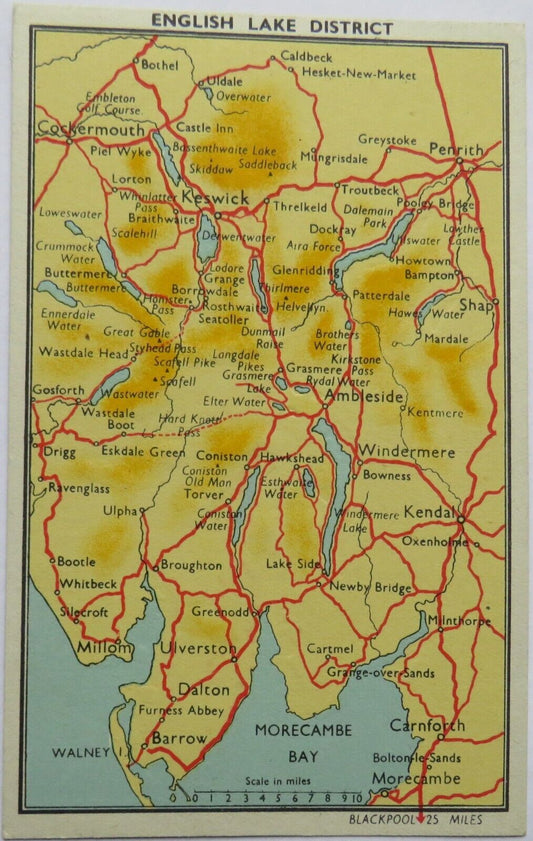 Old Postcard of English Lake District Map