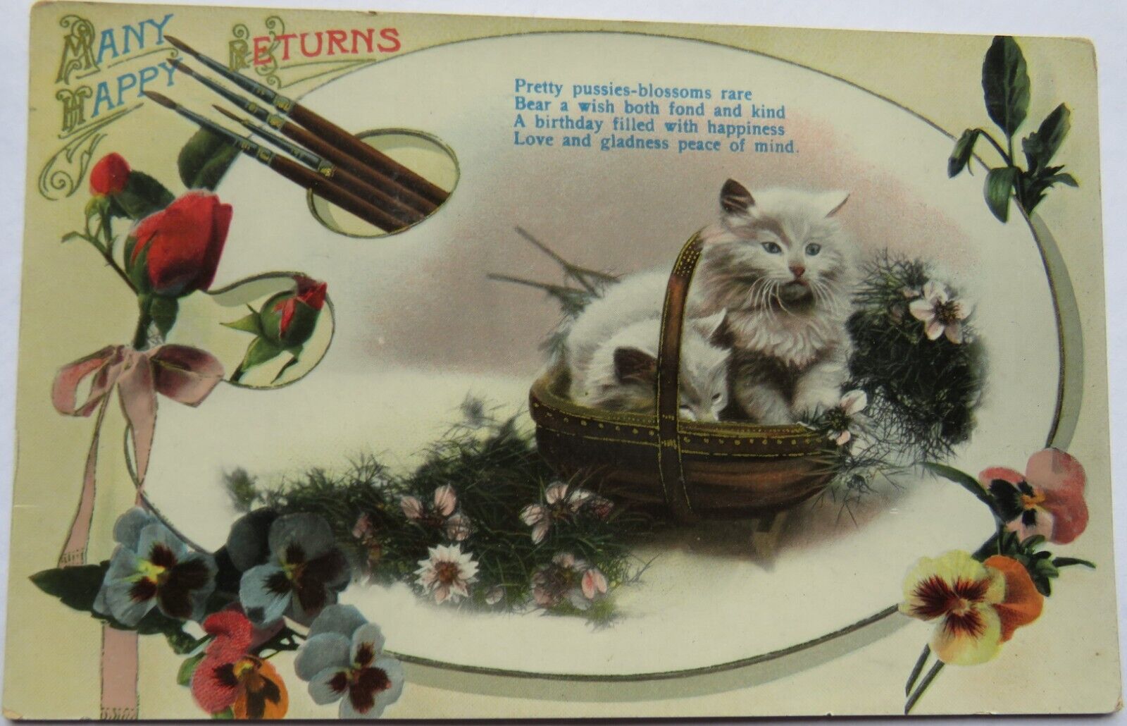 Old Postcard of Many Happy Returns, Cats With Birthday Message, 1912