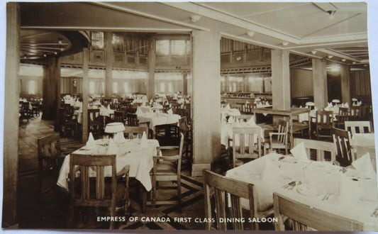 Old Postcard of Empress of Canada First Class Dining Saloon 1948