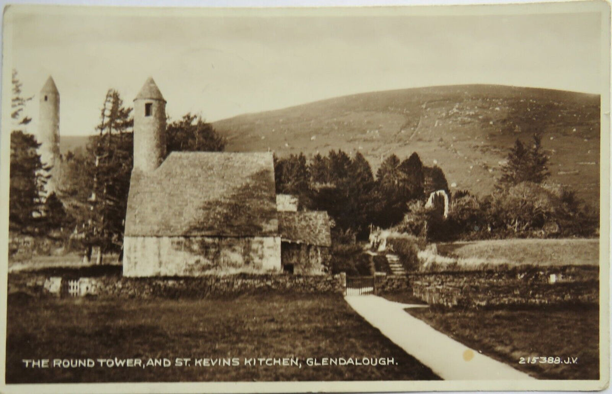 Old Postcard of The Round Tower, and St. Kevins Kitchen, Glendalough, 1938