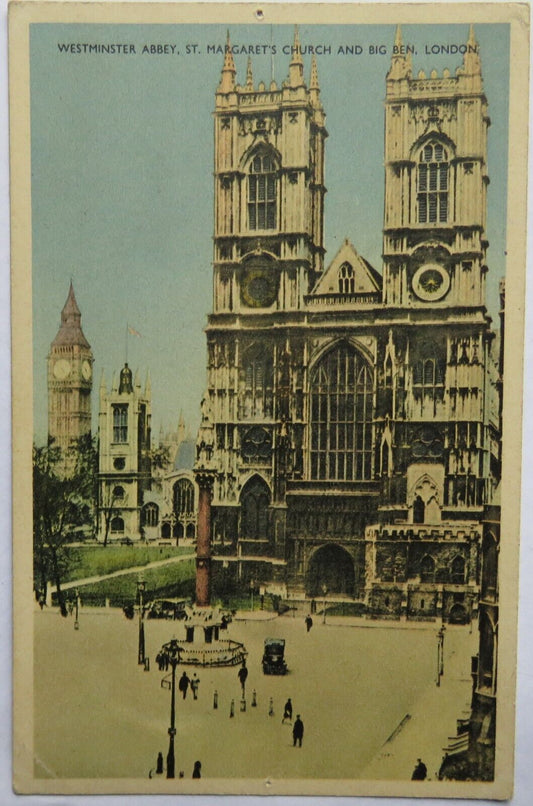 Old Postcard of Westminster Abbey , St Margarets Church and Big Ben London