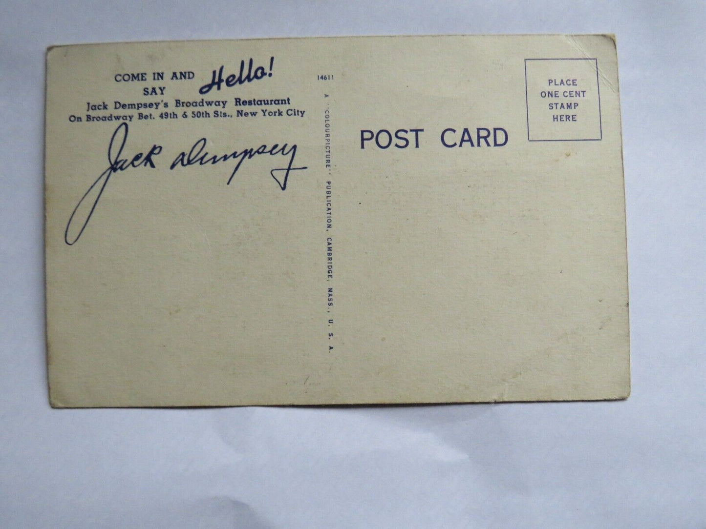 Postcard of The Meeting Place of the World Jack Dempsey's Restaurant  Ref : 1013