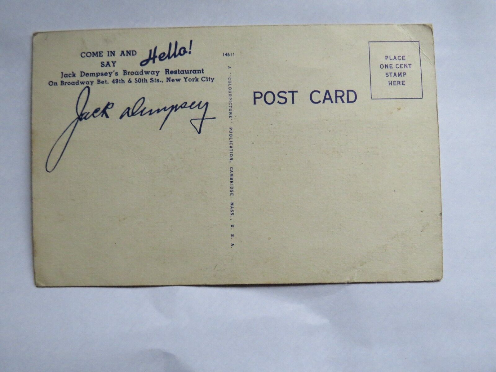Postcard of The Meeting Place of the World Jack Dempsey's Restaurant  Ref : 1013